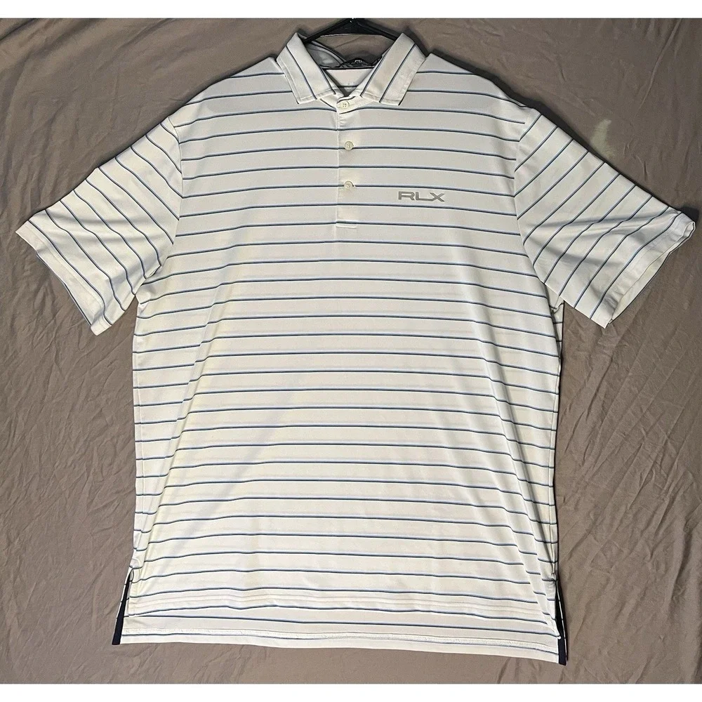 RLX Ralph Lauren Polo Shirt Men's Size XL White Green Stripes Short Sleeve Golf